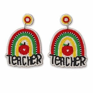 Colorful Beaded Teacher Earrings Rainbow Apple Dangle Back to School Gift
